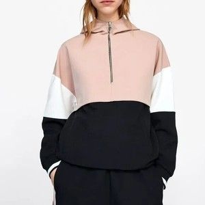 Zara Colorblock Half-Zip Hoodie Sweater Size S Pink Black Pullover Long Sleeve